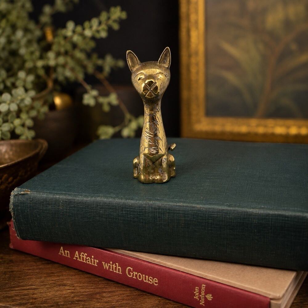 Vintage 1970s Brass Cat Figurine Long Neck MCM Boho Eclectic Decor